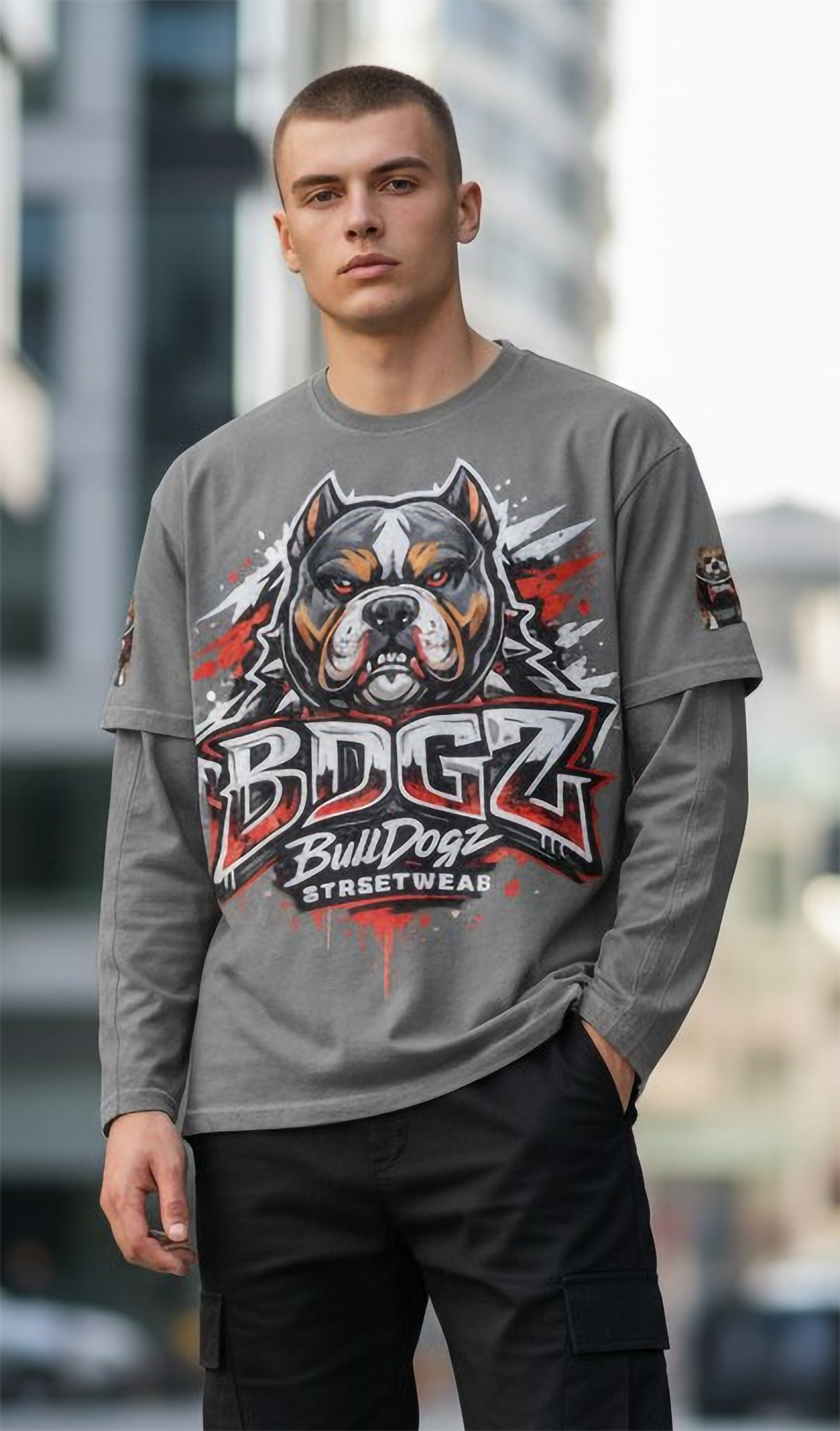 BDGZ Bulldog Graphic Faux Layered Faded Long Sleeve Tee