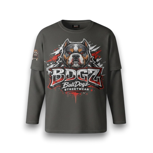 Bulldog Graphic Streetwear Faux-Layered Faded Long Sleeve
